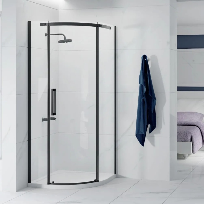 Lifestyle image of Ionic by Merlyn Essence Frameless Matt Black 900mm Quadrant Shower Enclosure